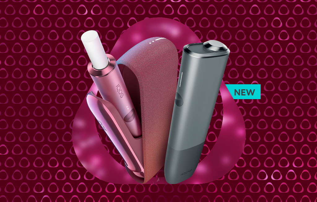 A Sunset Red IQOS ILUMA device with a TEREA stick inside and a Pebble Grey IQOS ILUMA ONE device on a red background. Includes new tag.
